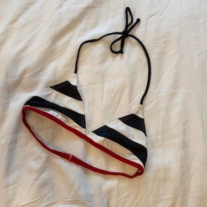 Black & white striped bikini top with red band